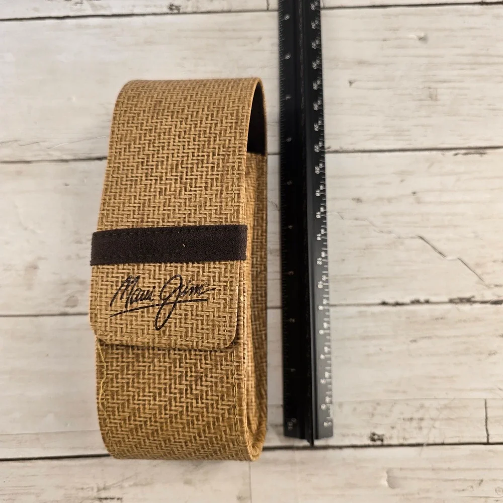 Maui Jim Sunglasses Case Tan Woven Seagrass Elastic Band Closure Brown Interior